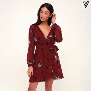 Lulus Burgundy Floral Print Long Sleeve Dress